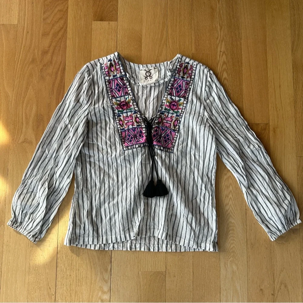 Figue Tie Front Embroidered Striped Cotton Boho Blouse Tassel Cutout Top Medium - Picture 2 of 3